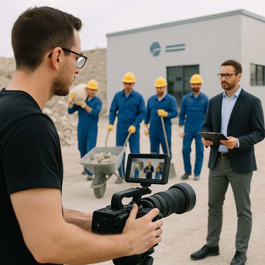 Vor einem Firmengebäude posieren die Mitarbeiter der Steinbruchfirma wegen günstigem Content Service für KMU für Unternehmen für ein Video.